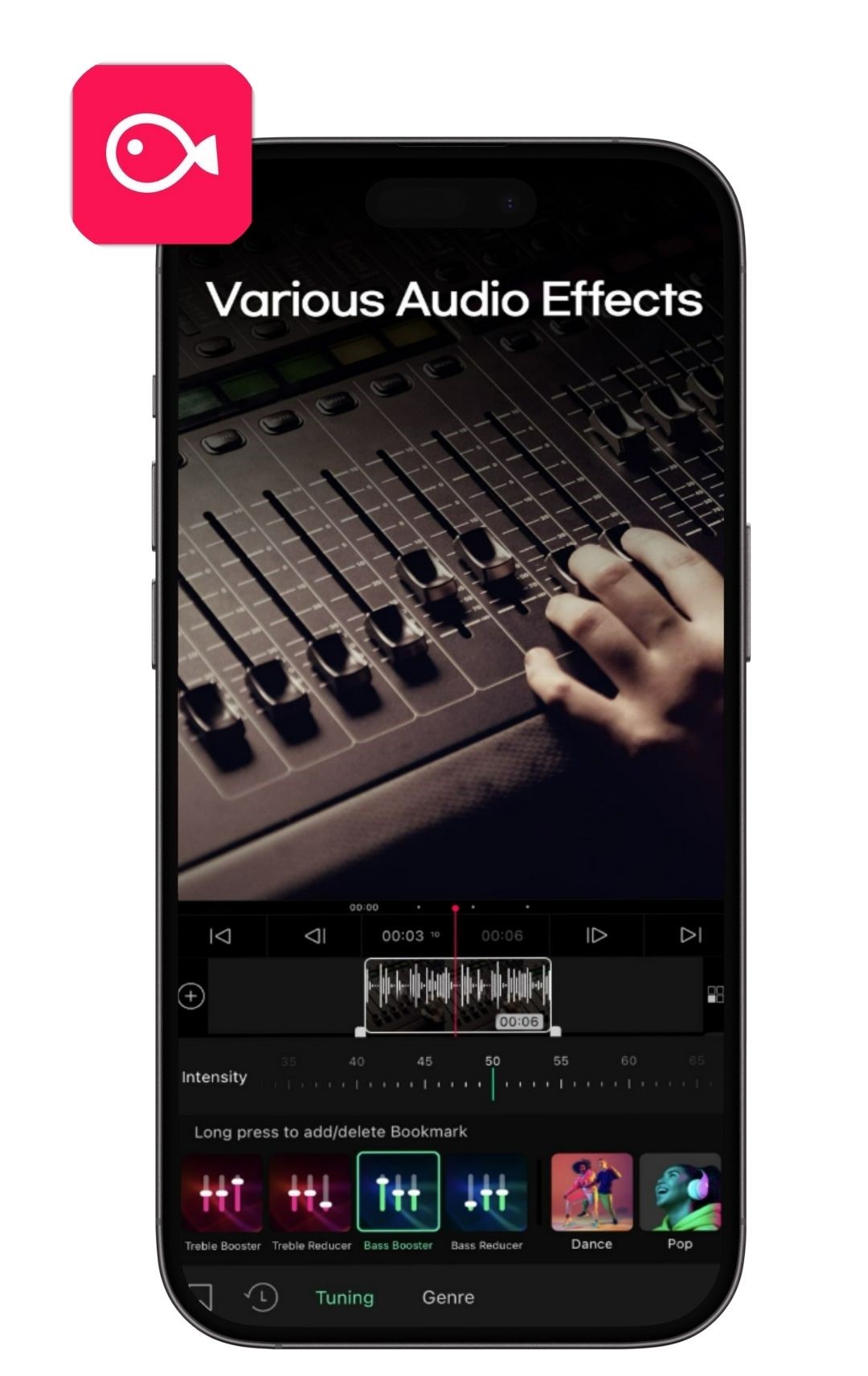 UI of VLLO's audio feature and icon at the upper left side